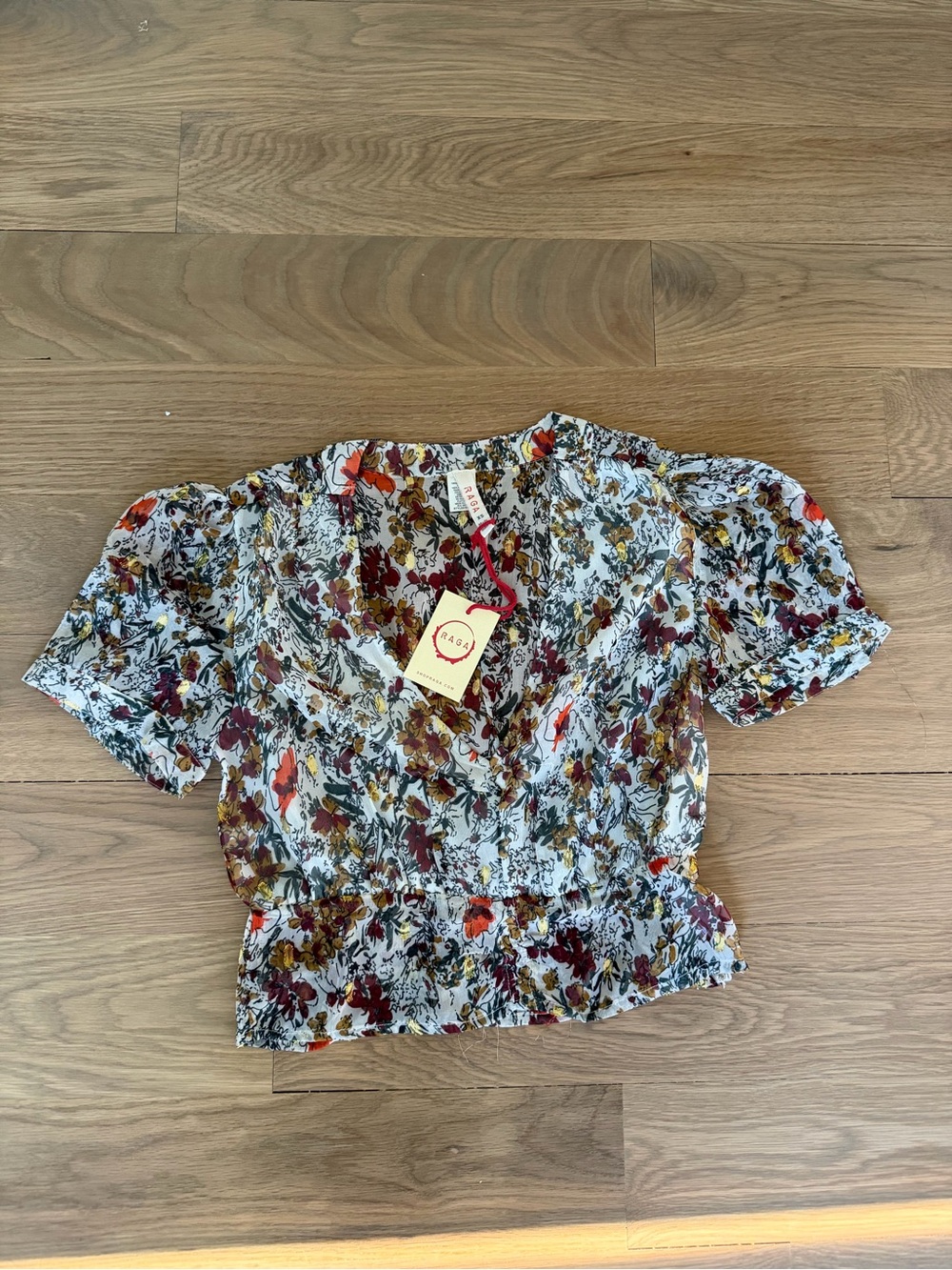 RAGA White Floral V-Neck Blouse with Burgundy & Mustard Accents